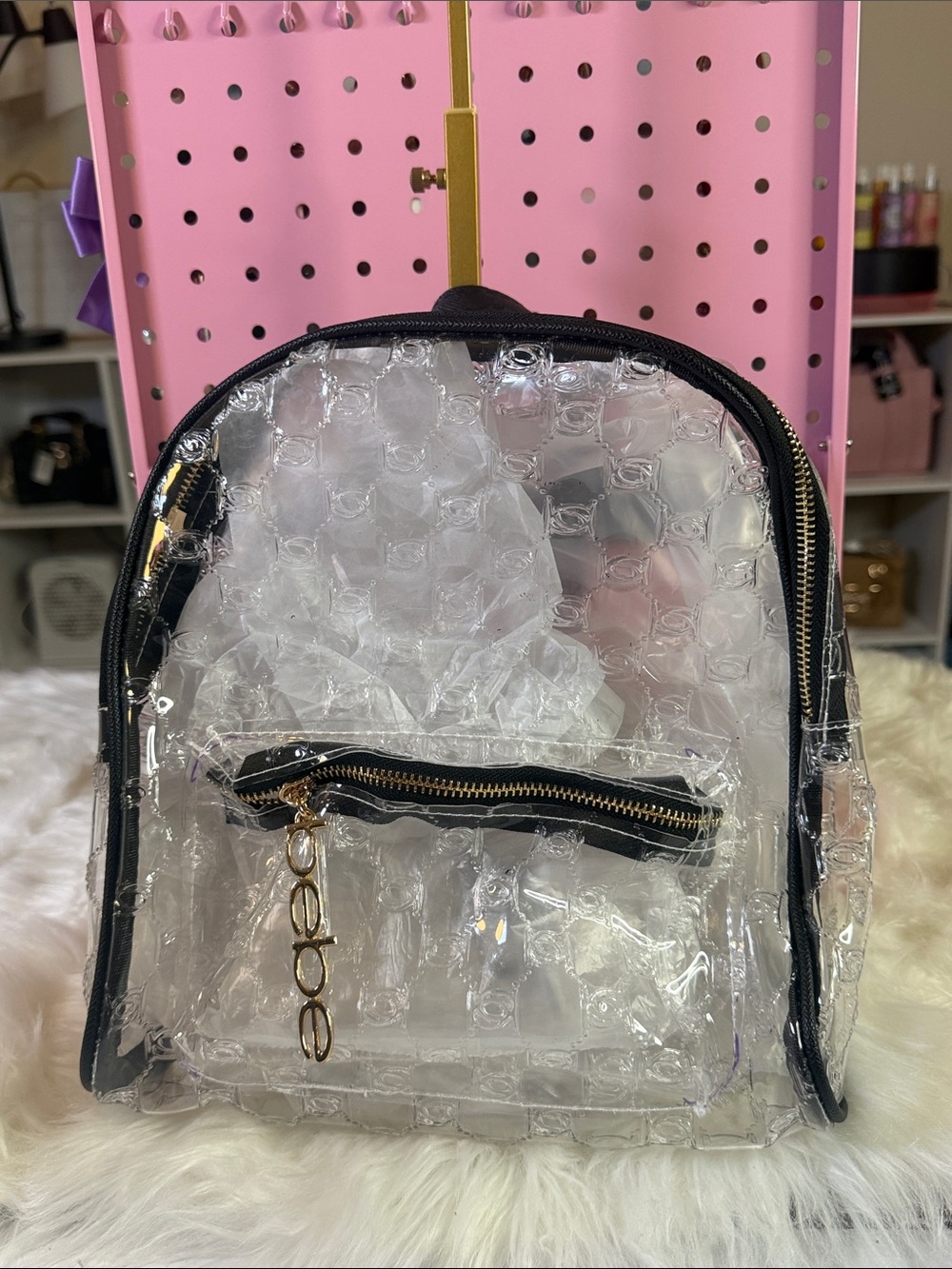 Clear Bubble-Text Backpack with Black Trim
